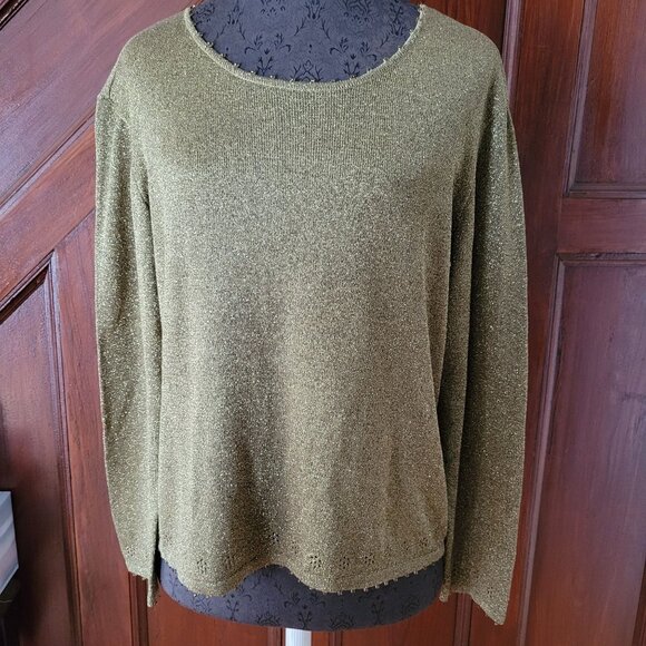 Carlisle Womens Gold Metallic Knit Sweater XL Long Sleeve Beaded Neckline Floral - Picture 1 of 6
